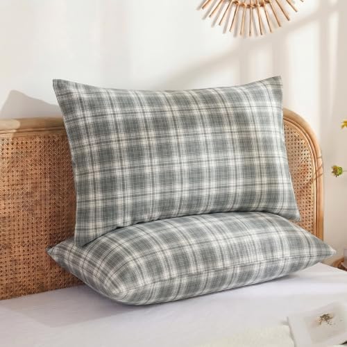 Merryword 100% Cotton Pillow Cases, Queen Size, Mist Gray Plaid Pillowcases - Image 2