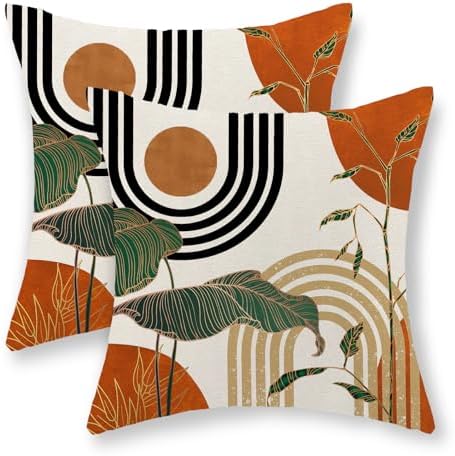 Boho Orange Pillow Covers 18x18 Set of 2 Green Gold Leaf Tropical Mid Century by GOLIANDA