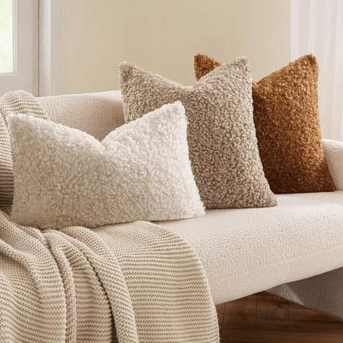 MIULEE Decorative Faux Fur Pillow Covers Sherpa 18x18 Light Camel - Image 3