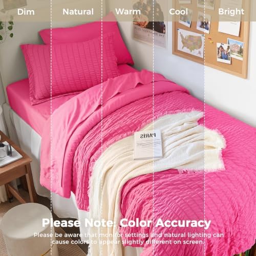 HYMOKEGE Hot Pink Twin Comforter Set Seersucker 5 Pieces, All Season Luxury Bed - Image 5