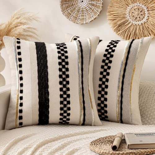 ANRODUO Boho Decorative Pillow Covers 20x20 Inch Black Stripe Pack of 2 by ANRODUO