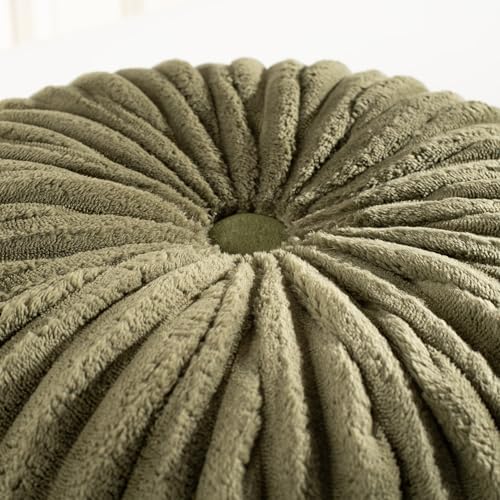 HIG Set of 2 Olive Flannel Decorative Round Pleated Throw Pillows - Image 6
