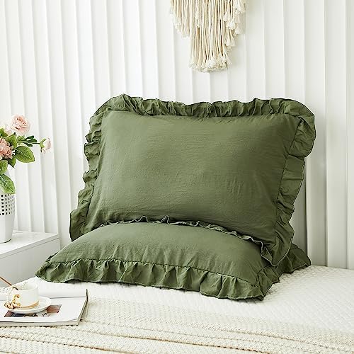 Olive Green Pillow Shams Dark Green Ruffle Queen Pillowcases Cute Pillow Cover - Image 4