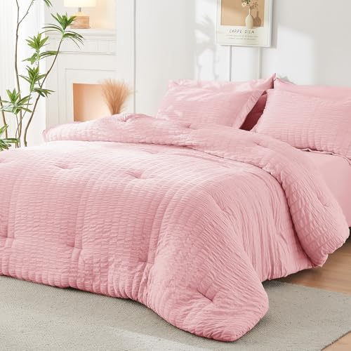 HYMOKEGE Pink Oversized Queen Comforter Set Seersucker 7 Pieces, All Season - Image 7