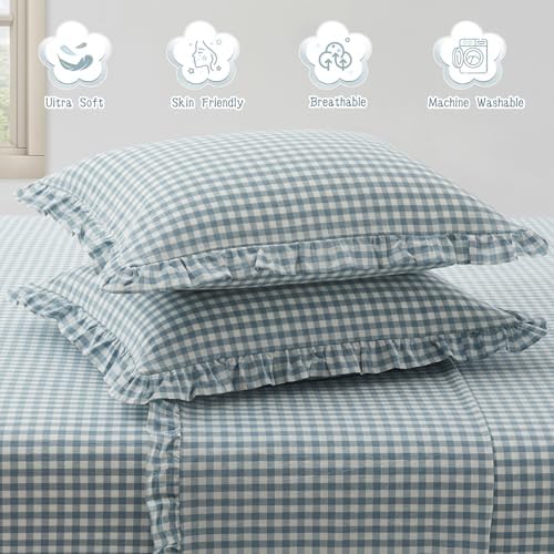 KKJIAF 2 Pcs Plaid Ruffle Pillow Case King Size, Dusty Blue Plaid - Image 5