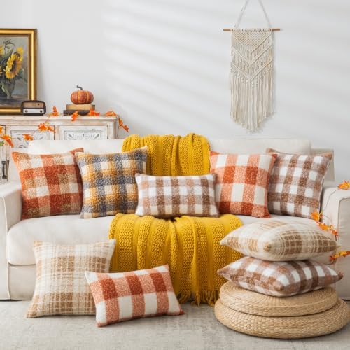 AQOTHES Plaid Fall Throw Pillow Covers Yellow Blue 20x20 Inch Set of 2 - Image 2