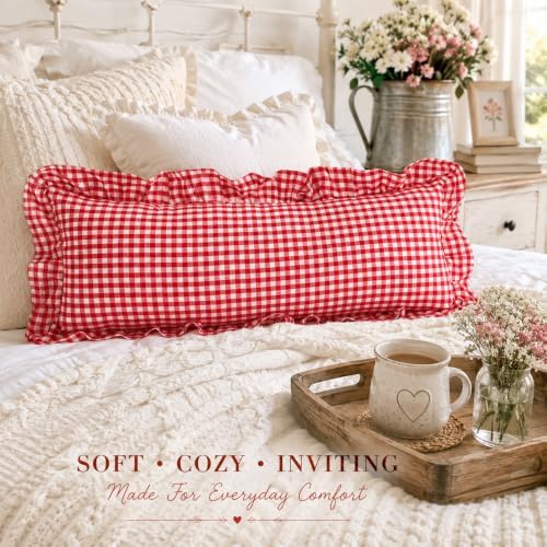 JoraLion Ruffled Lumbar Pillow Cover 14x36 Gingham Red - Image 2