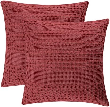 PHF Cotton Waffle Weave Euro Sham Covers 26" x 26", Wine Red, No Insert by PHF