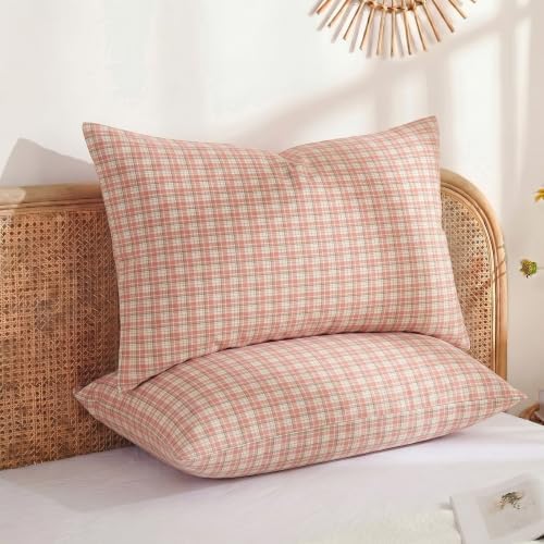Merryword 100% Cotton Pillow Cases, Queen Size, Washed Cotton Pastel Pink Plaid - Image 2
