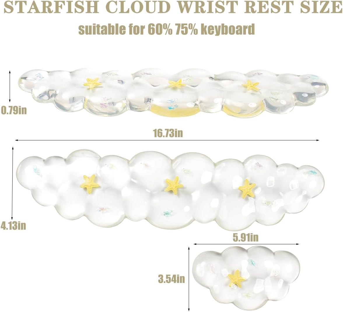 Gel Keyboard and Mouse Wrist Rest Set – Clear Cloud Wrist Rest for Computer Keyboard 60%/68%/75%, Comfort & Support for Typing and Gaming (Cute Starfish)