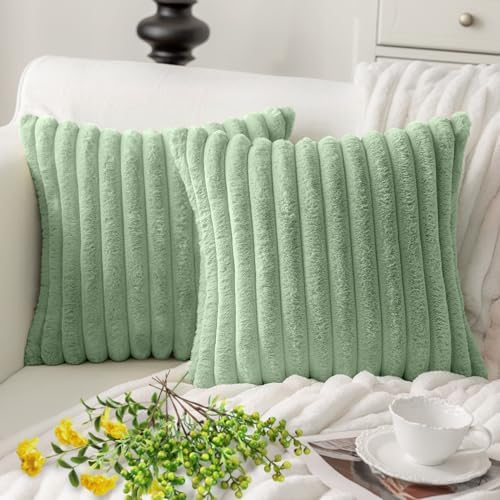 MOSAYT Faux Fur Pillow Covers 20x20 Set of 2, Ultra Soft Fluffy Striped Modern by MOSAYT