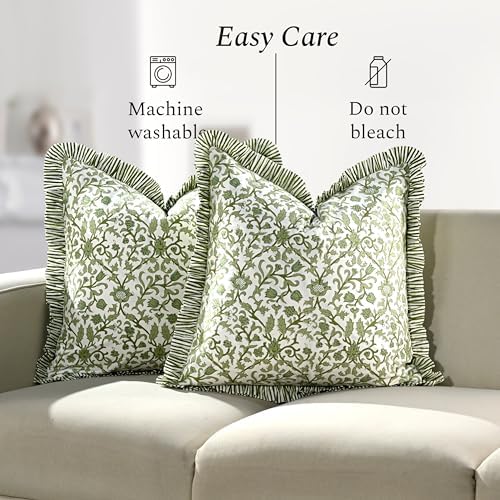 CPC Meadow Vine Hand Block Print 100% Cotton Ruffle Throw Pillow Cover 18x18 - Image 6