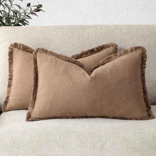 Foindtower Boho Linen Fringe Lumbar Throw Pillow Covers 12×20 Khaki Brown by Foindtower