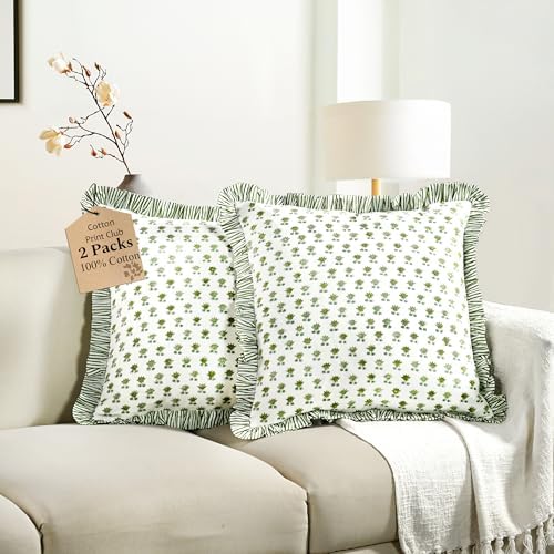 CPC Lotus Meadow Hand Block Print 100% Cotton Ruffle Throw Pillow Cover 24x24 by COTTONPRINTCLUB