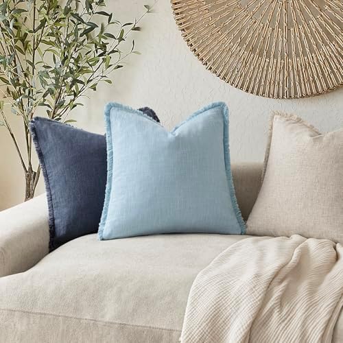 Foindtower Decorative Linen Fringe Throw Pillow Covers 20×20 Light Blue - Image 5