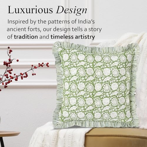 CPC Olive Bloom Hand Block Print 100% Cotton Ruffle Throw Pillow Cover 24x24 - Image 3
