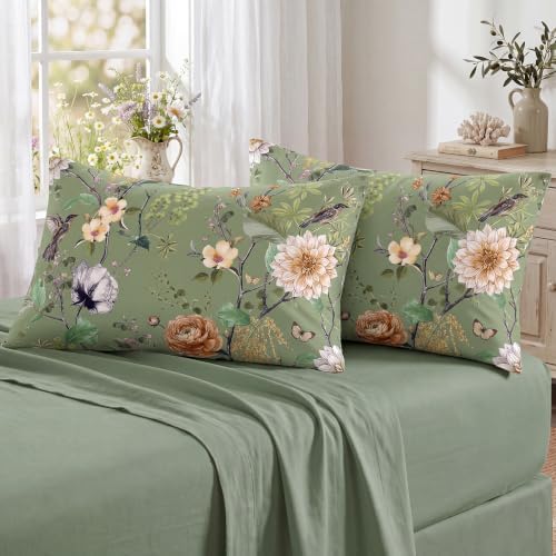 Bedorm 100% Cotton Pillowcases Set of 2 Queen Size Green Floral Pillow Cover by Bedorm