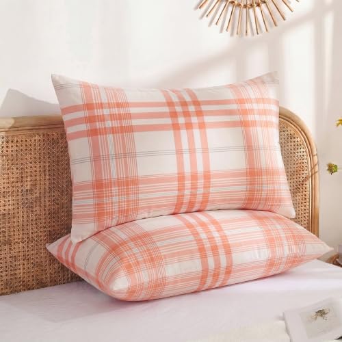 Merryword 100% Cotton Pillow Cases, Standard Size, Washed Cotton Coral Plaid - Image 2