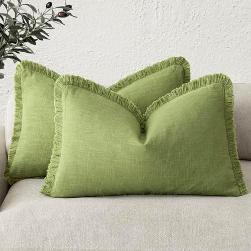 Foindtower Boho Linen Fringe Lumbar Throw Pillow Covers 12×20 Lush Green by Foindtower