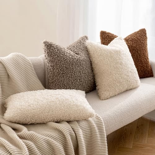 MIULEE Decorative Faux Fur Pillow Covers Sherpa 18x18 Khaki - Image 3