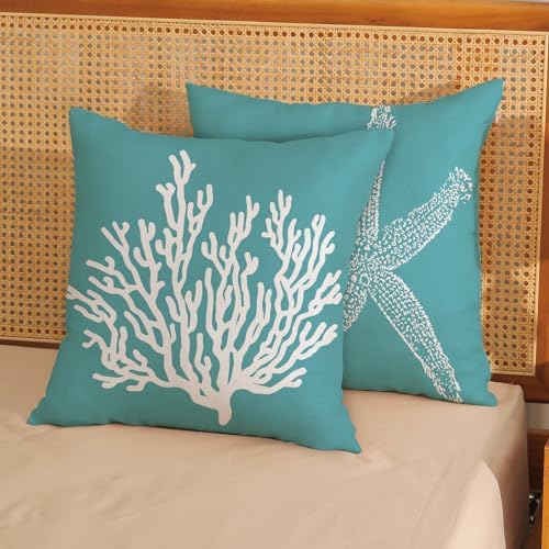 Coastal Pillow Covers 16x16 Set of 2 Aqua Teal Turquoise Coral Starfish Throw - Image 2
