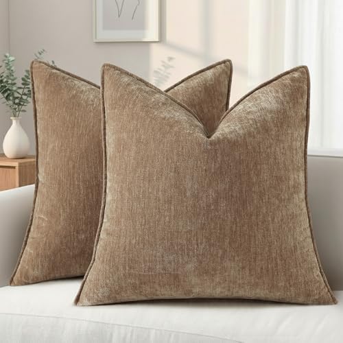 decorUhome Chenille Brown Velvet Throw Pillow Covers 22x22 Set of 2 by decorUhome