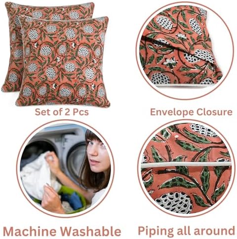 Ridhi Block Print Dark Salmon Pink Pillow Cover 24" x 24" Decorative Couch - Image 3