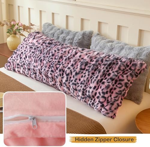 LIFEREVO Leopard Print Body Pillow Cover 20x54, Soft Faux Rabbit Fur Pink - Image 4