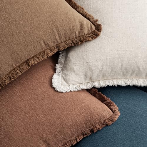 MIULEE Fall Linen Fringe Pillow Covers Set of 4 20x20 Beige/Brown/Blue - Image 6
