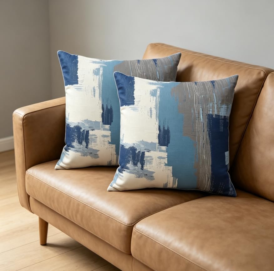 Abstract Blue Grey Throw Pillow Covers 18x18 Set of 2, Linen Cushion Cases - Image 5