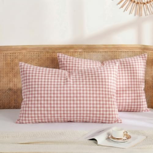 Merryword 100% Cotton Pillow Cases, King Size, Rose Beige Gingham Pillowcases by Merryword