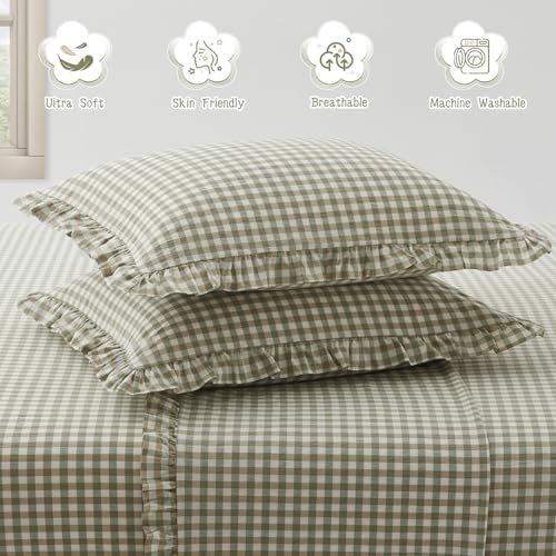 KKJIAF 2 Pcs Plaid Ruffle Pillow Case Queen Size, Sage Green Plaid - Image 5