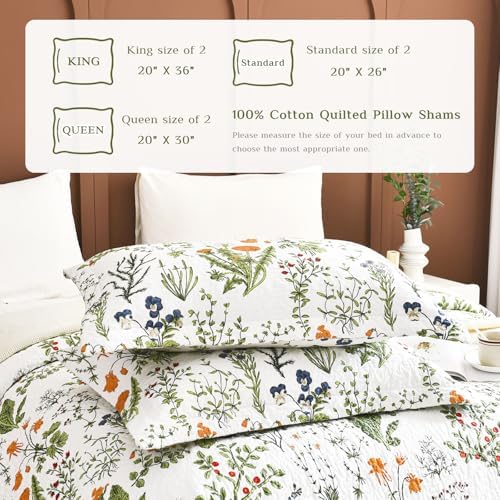 Lady Ann Cotton Quilted Pillow Shams 20x30, Leaves & Yellow Flowers Pattern - Image 2