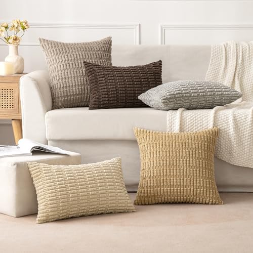 MIULEE Corduroy Decorative Throw Pillow Covers 16x16 Tan Pack of 2 - Image 5