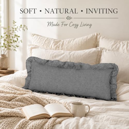 JoraLion Ruffled Lumbar Pillow Cover 14x36 Solid Gray - Image 2