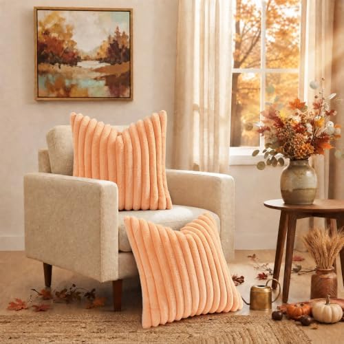 decorUhome Fall Faux Fur Throw Pillow Covers 18x18 Set of 2 Light Orange - Image 2