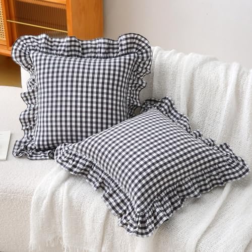 18x18 Inch Black/White Gingham Ruffled Throw Pillow Covers, 2 Pack - Image 2