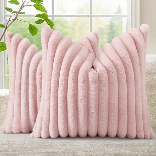 decorUhome Fall Faux Fur Throw Pillow Covers 24x24 Set of 2 Pink by decorUhome