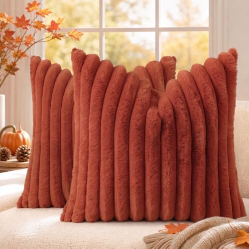 decorUhome Fall Faux Fur Throw Pillow Covers 26x26 Set of 2 Rust by decorUhome