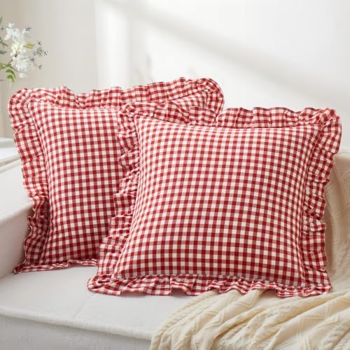 KKJIAF 2 Pcs Ruffle Gingham Pillow Covers 20" x 20" by KKJIAF