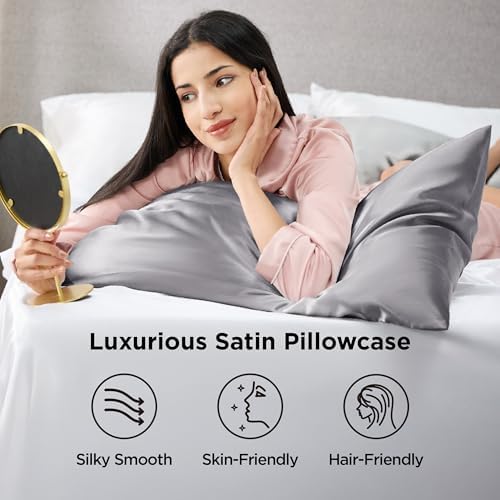 Bedsure Satin Pillowcases Queen Set of 2, Silky Pillow Cases, Dark Grey - Image 2