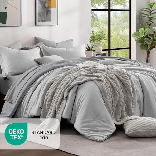 Monbix King Comforter Set 7 Pieces Light Grey Cationic Dyeing Bed in a Bag - Image 5
