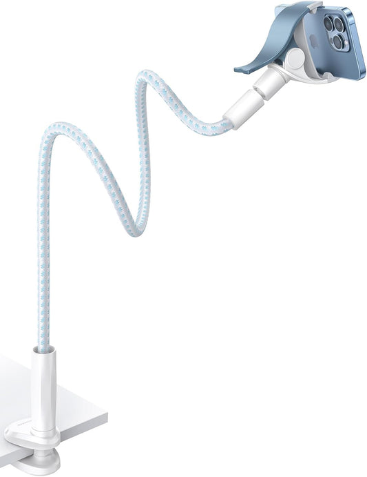 Gooseneck Phone Holder for Bed - [Upgrade Nylon Braid] 38” Flexible Lazy Arm Clip, 360 Adjustable Overhead Phone Mount for iPhone 16 15 14 13 12 11 Pro Max Mini Plus, 4-7" Cellphone - White