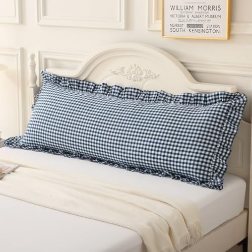 Silnuo Navy Blue/White Gingham Plaid Ruffled Body Pillow Cover 20"x54" by Silnuo