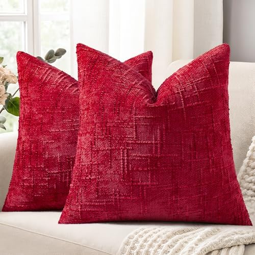 decorUhome Textured Chenille Throw Pillow Covers 24x24 Set of 2 Red by decorUhome