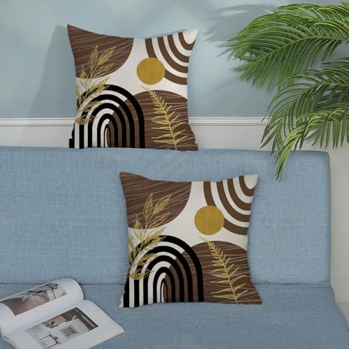 Boho Brown Pillow Covers 18x18 Set of 2 Brown Gold Leaf Tropical Decor Mid - Image 3