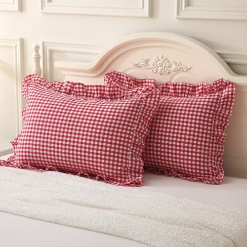 Silnuo Red/White Gingham Ruffle Pillow Covers Queen Size Set of 2 - Image 2
