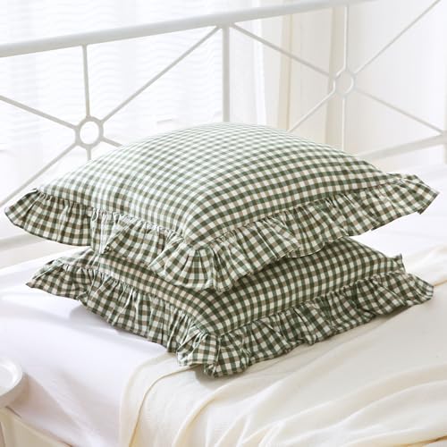 Mywinlle Sage Green Gingham Plaid Ruffle Euro Shams 26"x26" - Image 3