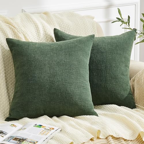 GAWAMAY Dark Green Chenille Throw Pillow Covers 18x18 Set of 2 by GAWAMAY
