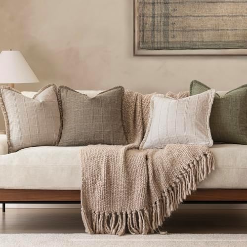 Foindtower Set of 2 Decorative Linen Check Fringe Throw Pillow Covers Farmhouse - Image 7